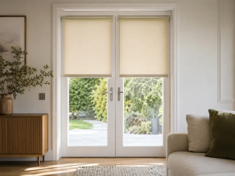 Individual roller blinds fitted to French doors with handle clearance