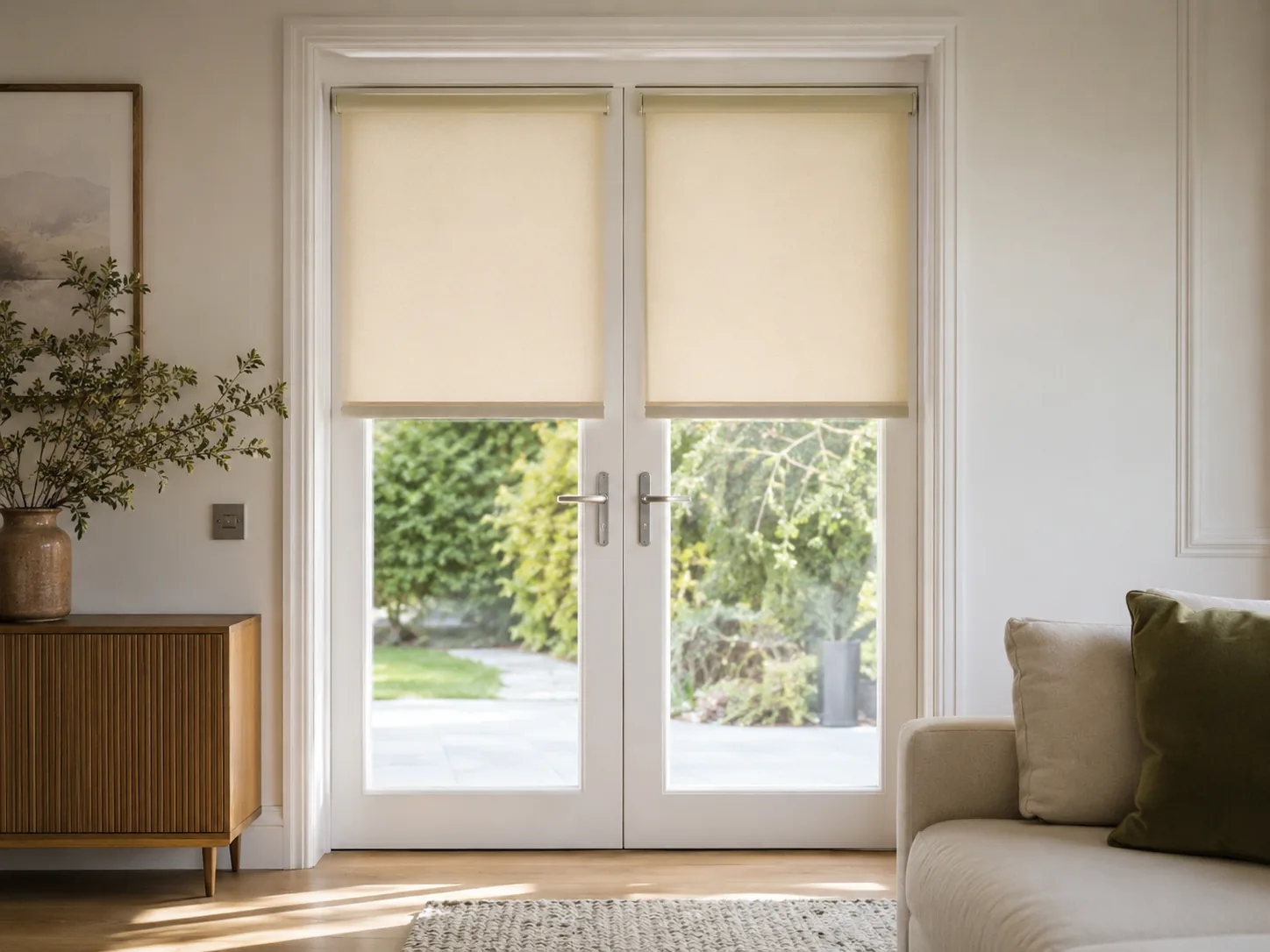 Individual roller blinds fitted to French doors with handle clearance