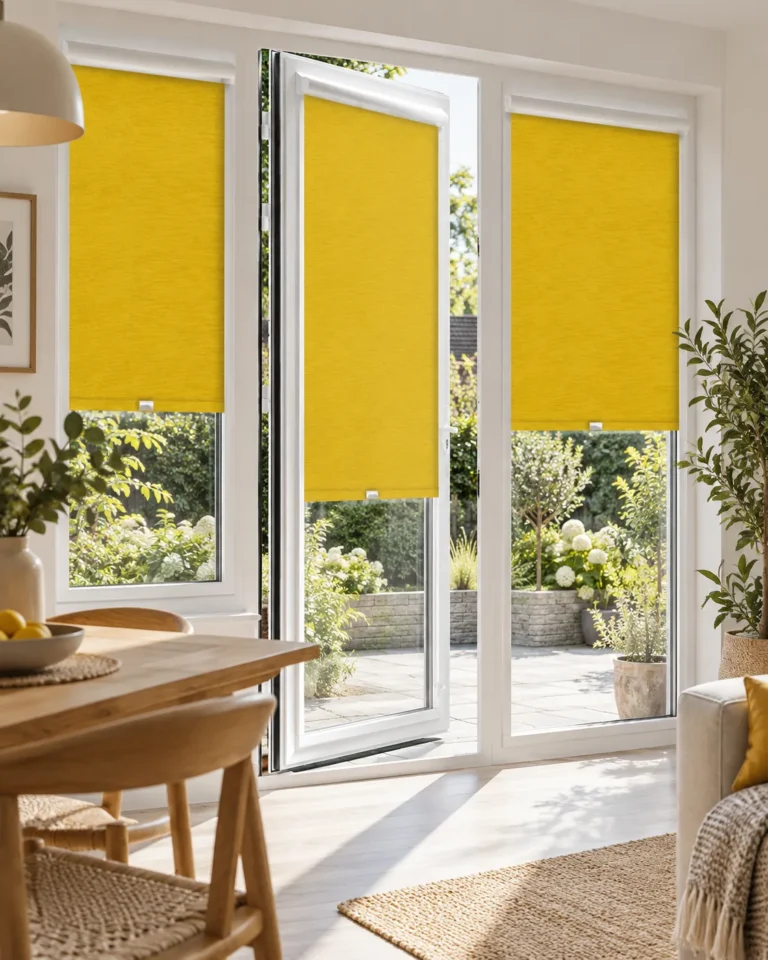 Mustard roller blinds fitted to French doors and side windows in a bright living room