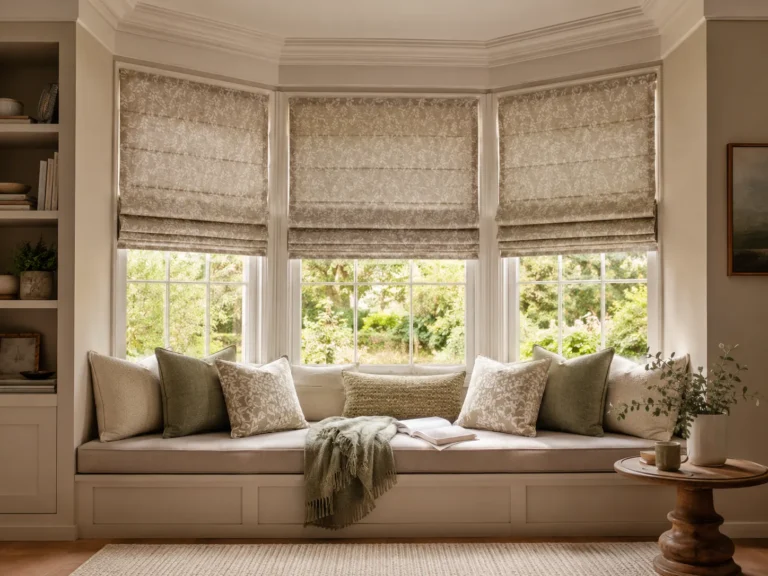 Coordinated light Roman blinds fitted across a bay-window seating nook