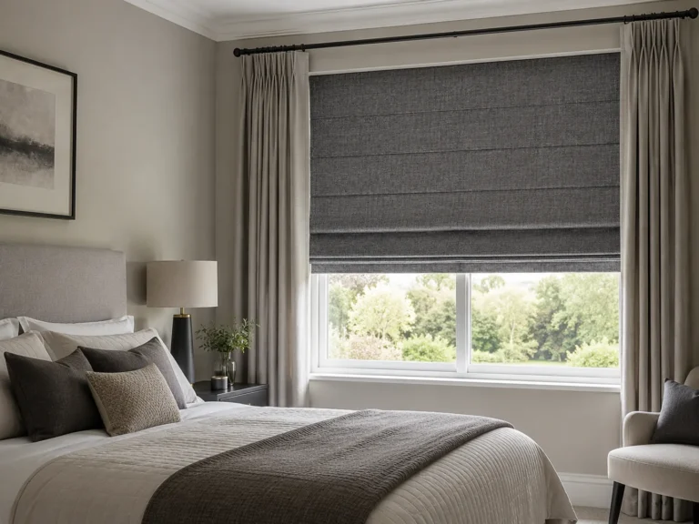 Dark grey Roman blind fitted to a bedroom window with curtains