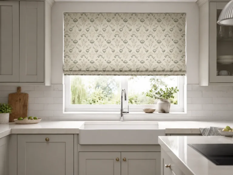 Patterned Roman blind fitted above a kitchen sink