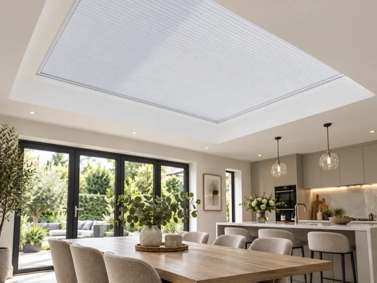 Large pleated roof-lantern blind fitted above a modern kitchen and dining area