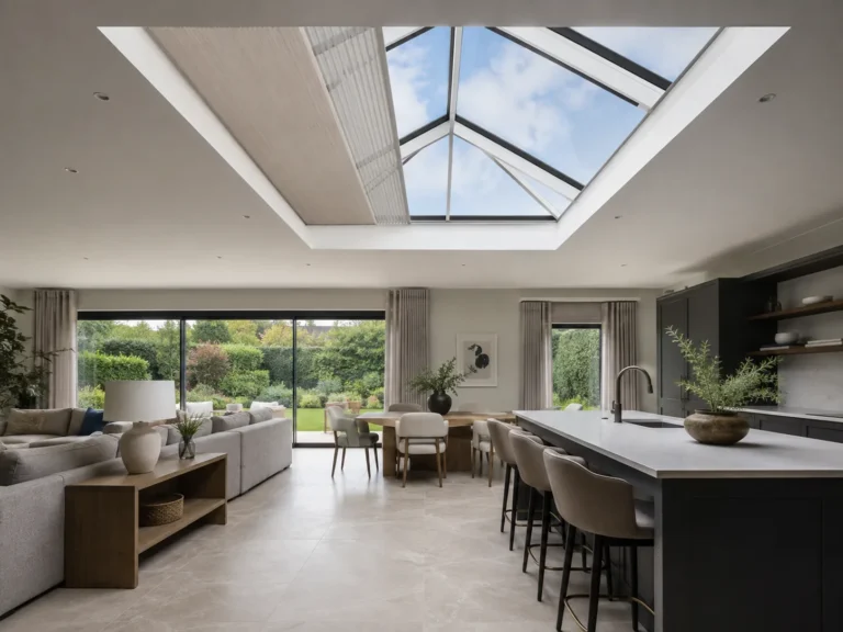 Roof-lantern blind partially retracted above an open-plan kitchen/living room