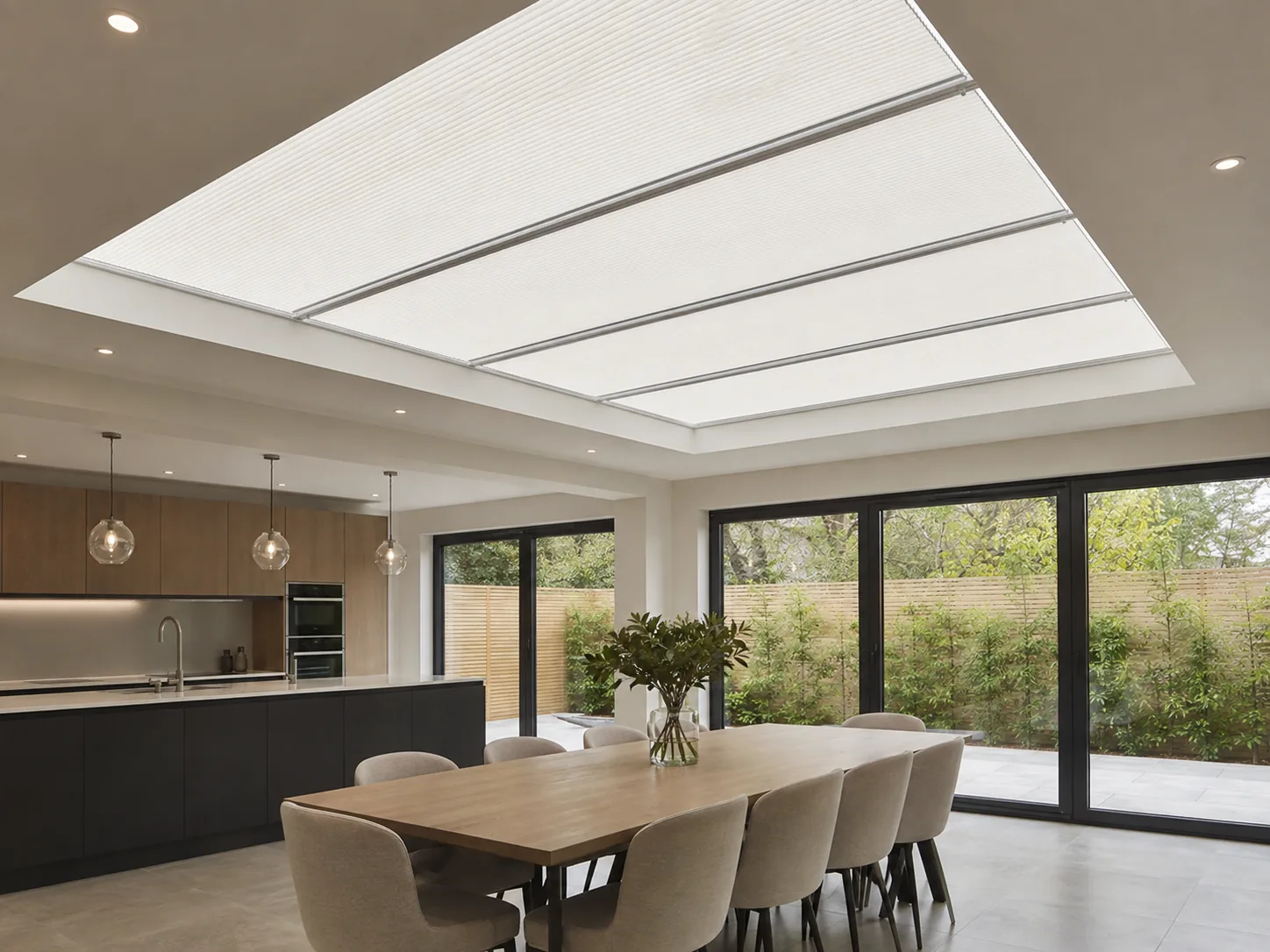 Pleated blind fully extended across a large roof lantern
