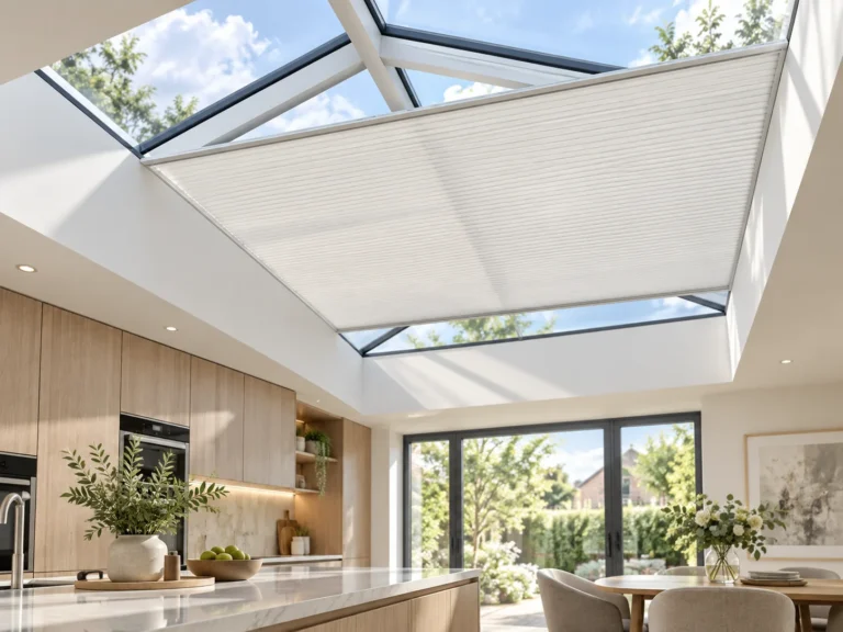 Pleated roof-lantern blind shading a large glazed roof opening above a modern kitchen