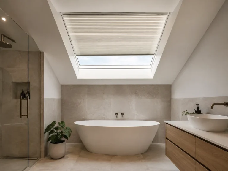 Pleated roof-window blind fitted in a bright modern bathroom