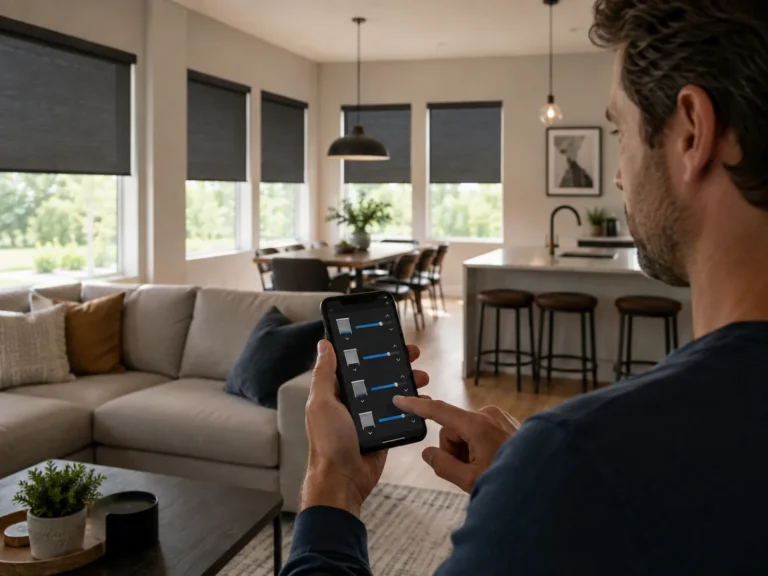 Person using a smartphone interface to control several motorised roller blinds in an open-plan room