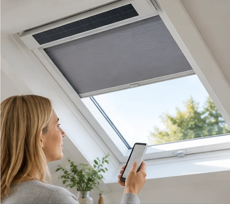 Solar-powered skylight blind with an integrated solar panel and handheld control