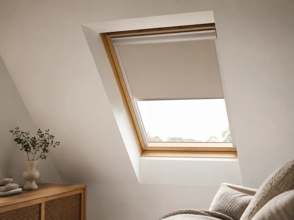 Light roof-window blind fitted in a modern loft room