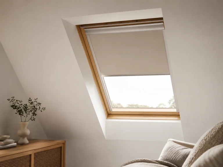 Light roof-window blind fitted in a modern loft room