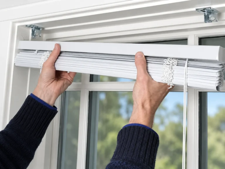 Close-up of a Venetian blind headrail being positioned into window brackets