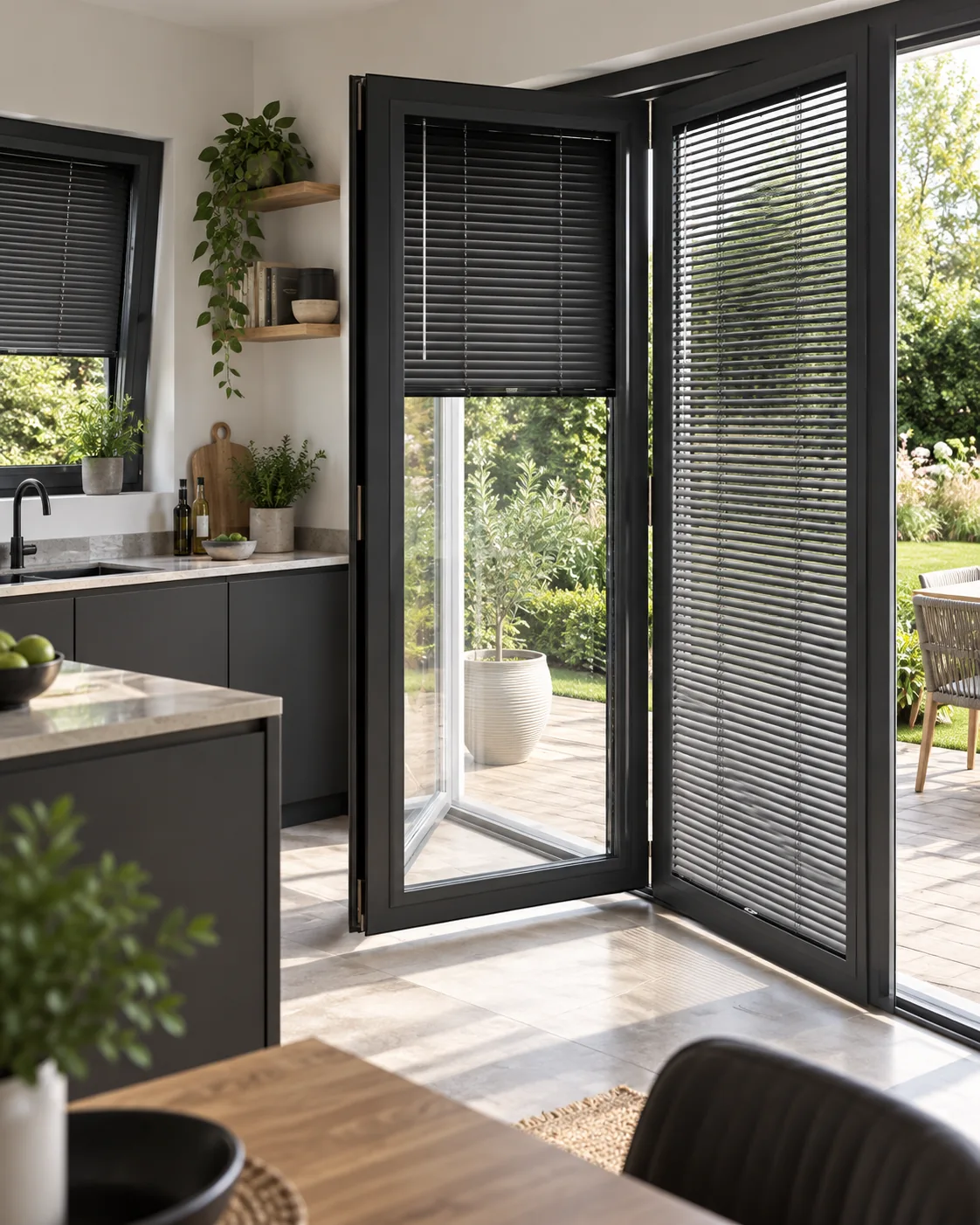 Dark Venetian blinds fitted to open bi-fold doors leading from a kitchen to the garden