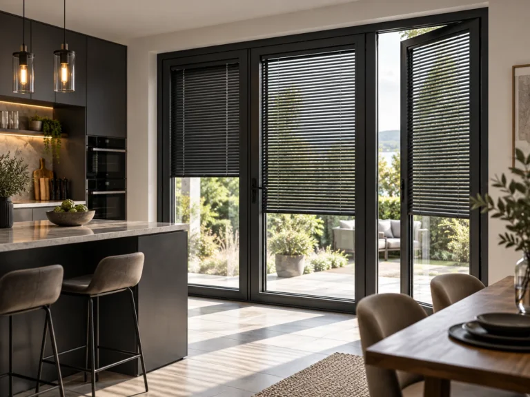 Dark Venetian blinds fitted to black-framed garden doors in a modern kitchen