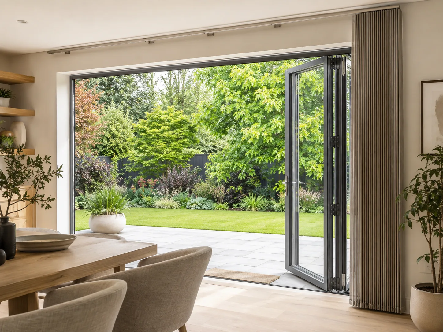 Vertical blinds stacked neatly beside open bi-fold doors