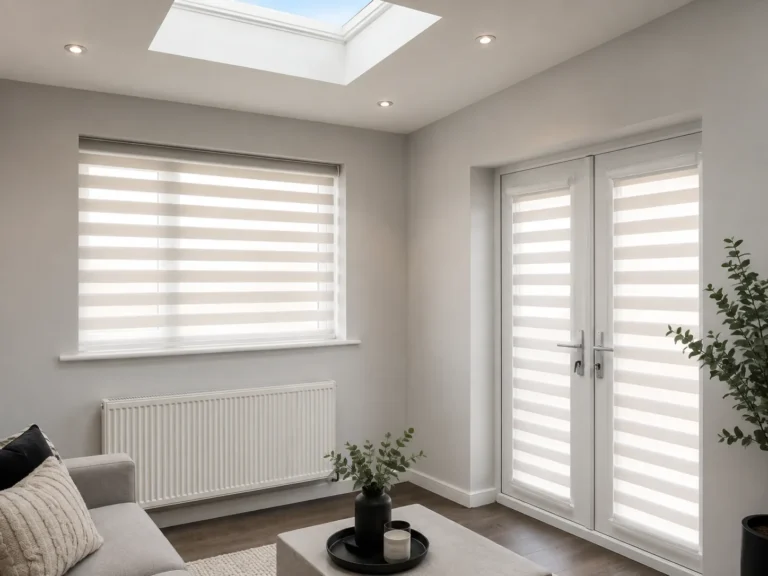 Matching pale Vision blinds fitted to a window and French doors