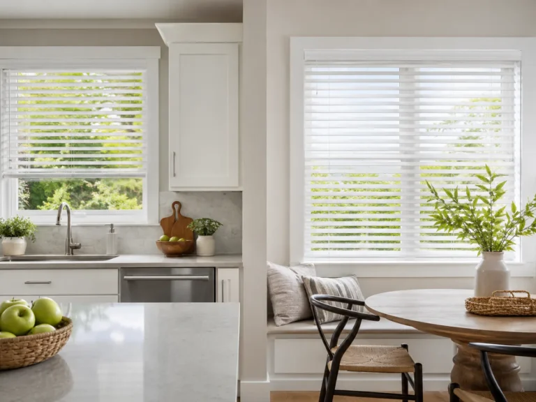White faux-wood blinds fitted in a bright family kitchen