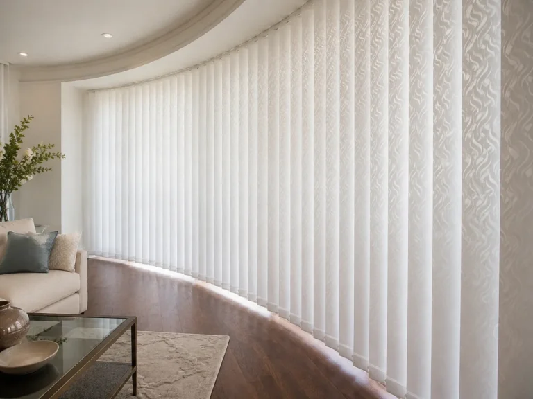 White patterned vertical blinds following a curved bay window