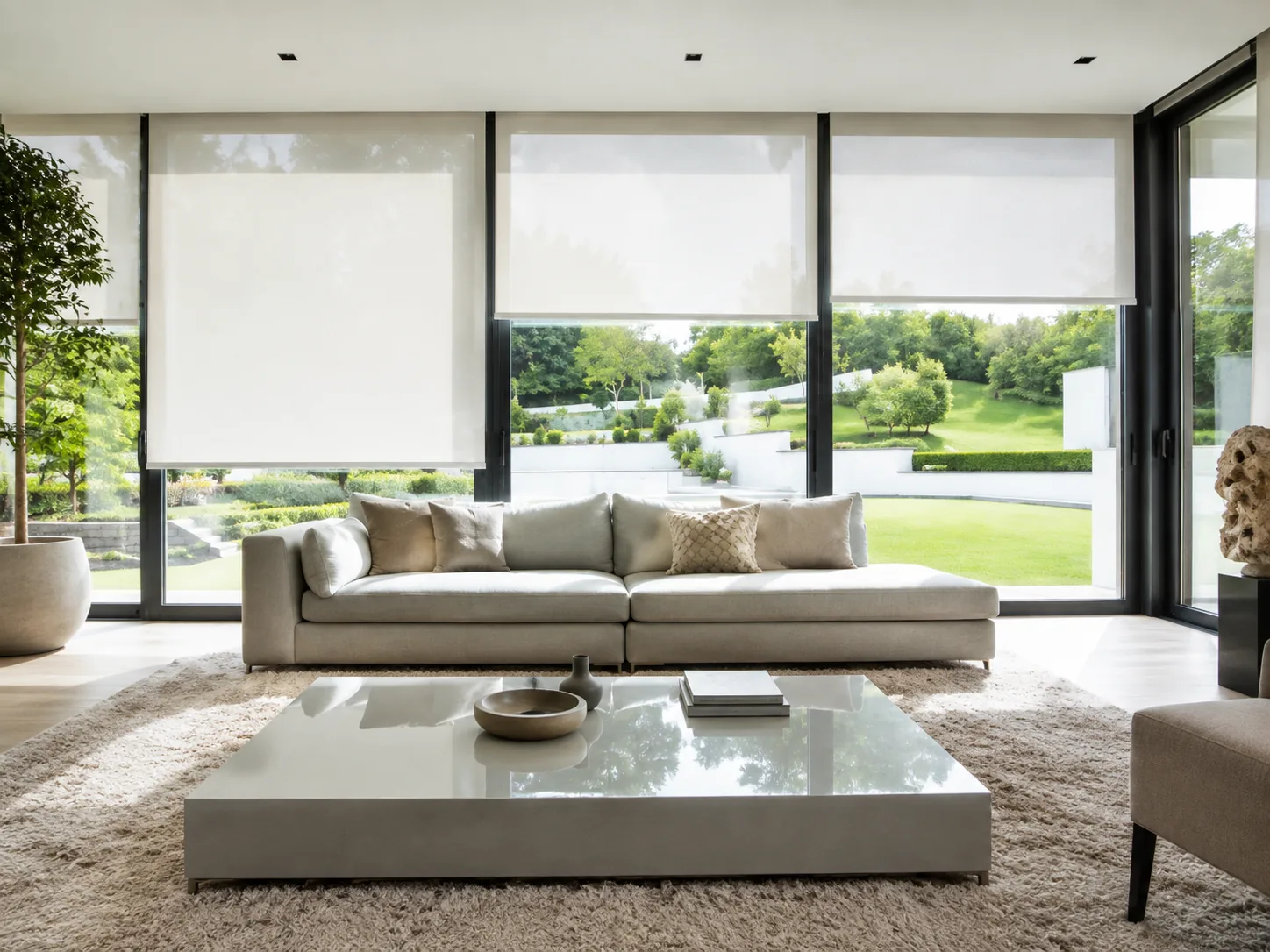 Light roller blinds fitted across large windows in a modern living room
