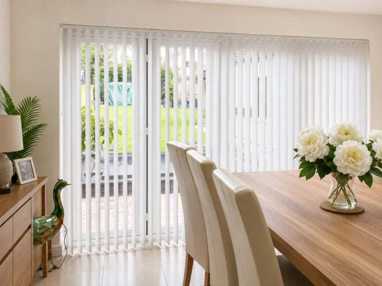 White vertical blinds fitted across patio doors in a bright dining room