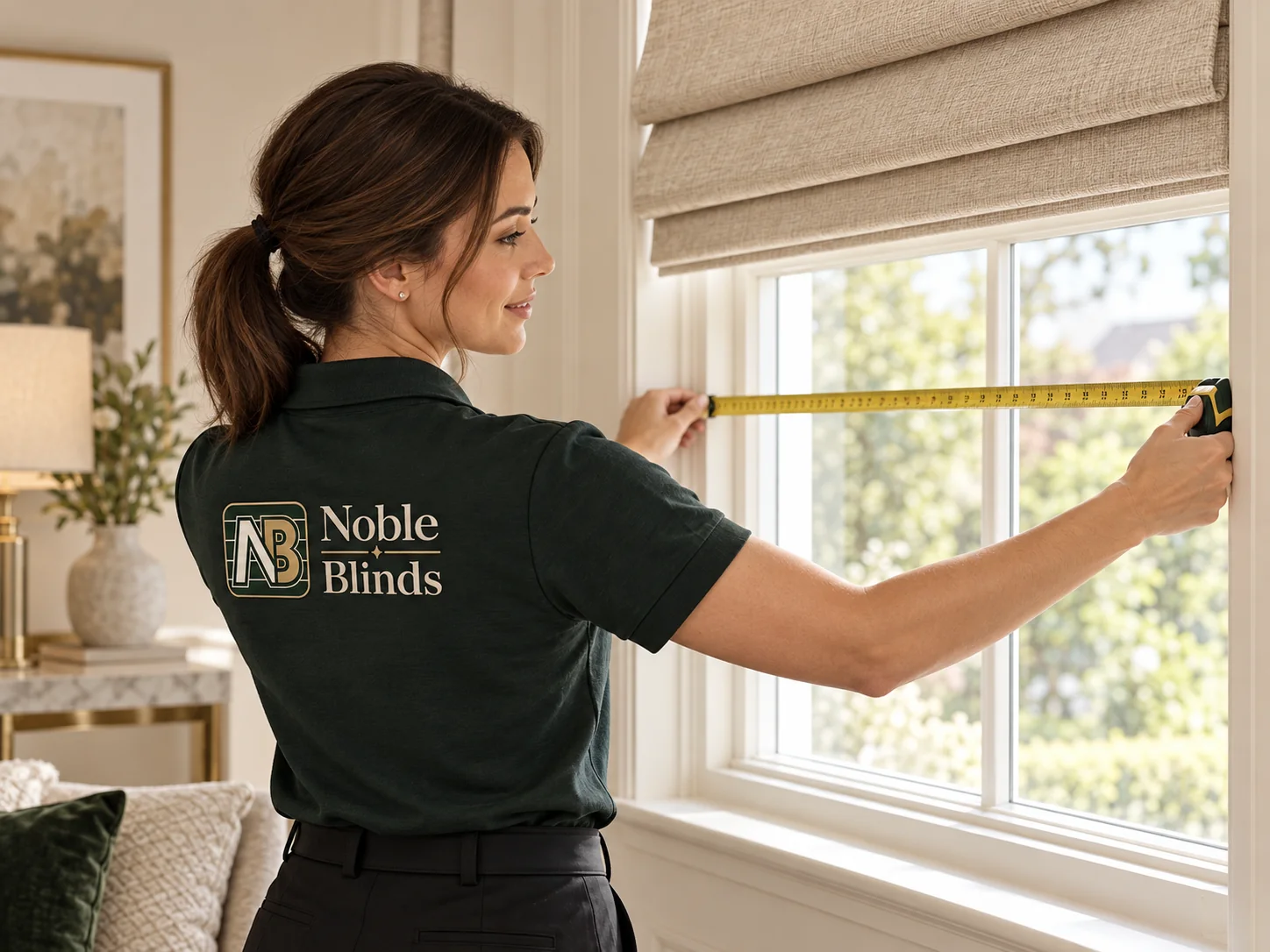 Noble Blinds technician measuring the width of a window recess