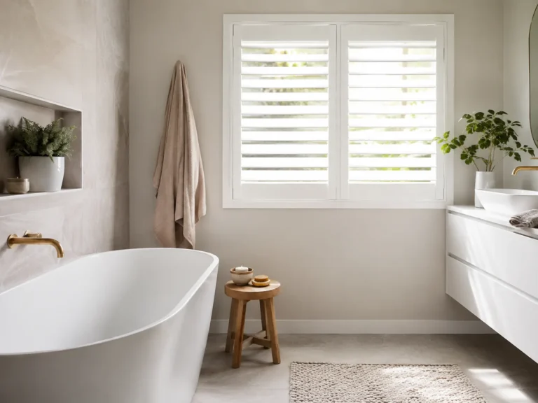 White full-height louvred shutters fitted to a bathroom window
