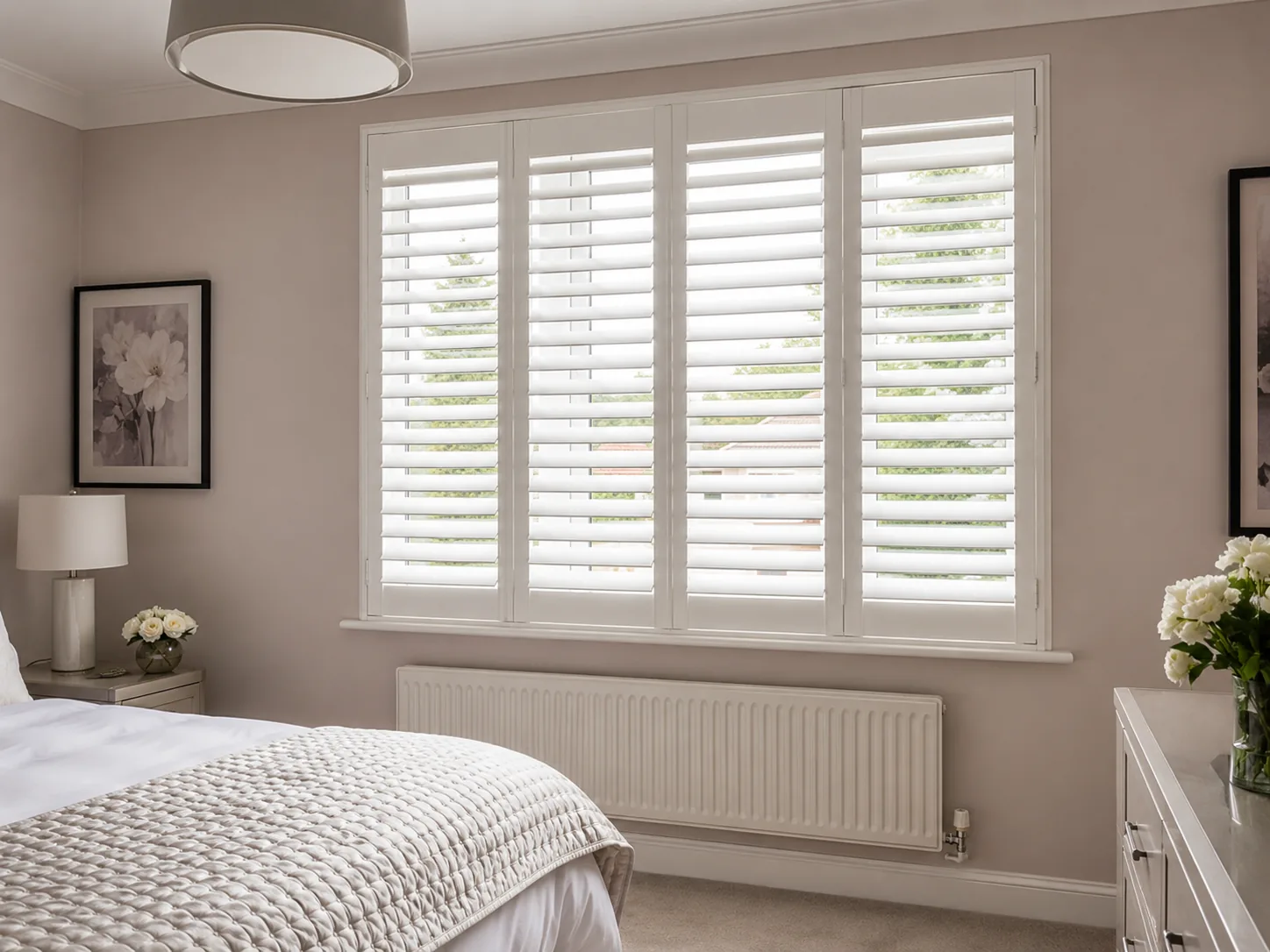 White full-height louvred shutters fitted to a bedroom window