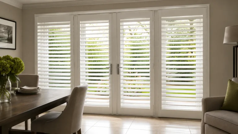 White full-height shutters fitted across glazed French doors in a dining/living area