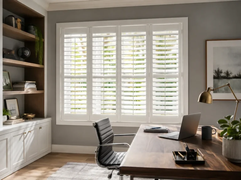 White full-height shutters fitted to a home-office window