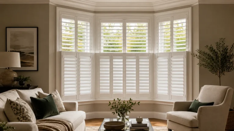 White tier-on-tier shutters fitted across a bay window in a living room
