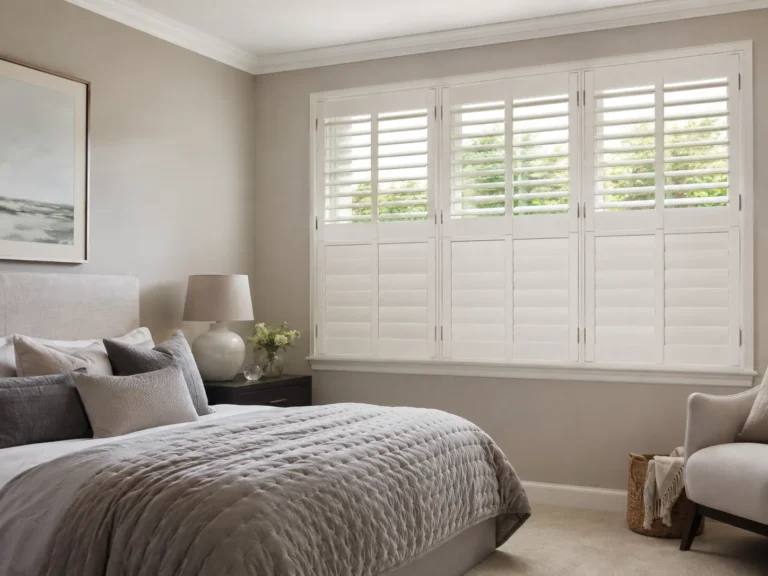 White tier-on-tier-style shutters fitted to a bedroom window